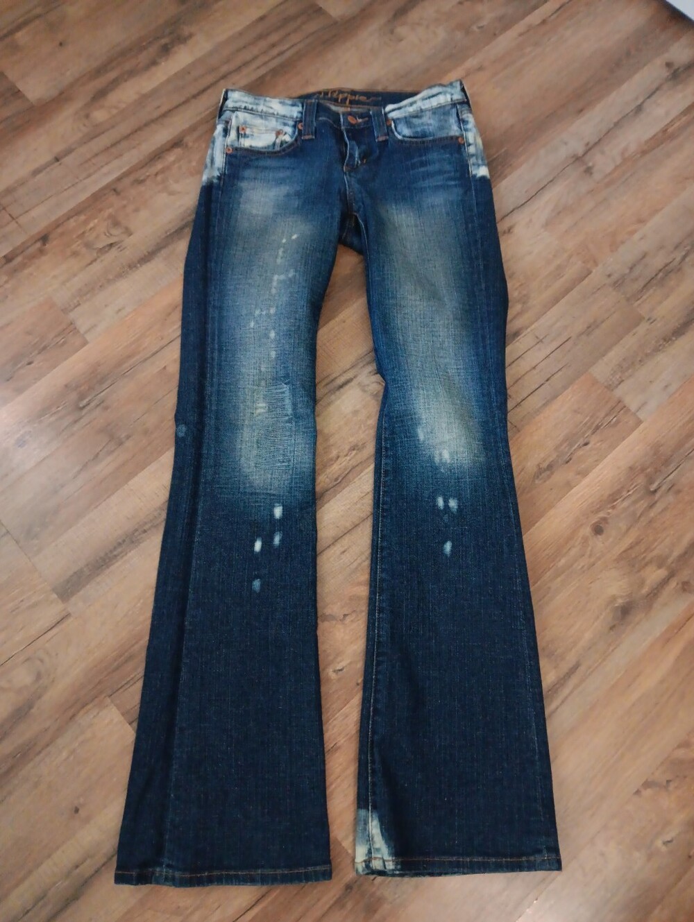 Women's Dark Wash Flare Jeans with Distressed Detail